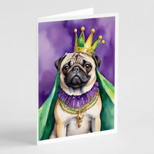 Load image into Gallery viewer, Pug King of Mardi Gras Greeting Cards - Blank Note Cards – 8-Pack of Artist-Designed Cards with Envelopes