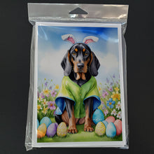 Load image into Gallery viewer, Black and Tan Coonhound Easter Egg Hunt Greeting Cards - Blank Note Cards – 8-Pack of Artist-Designed Cards with Envelopes