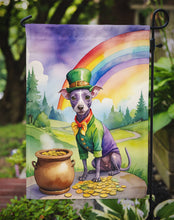Load image into Gallery viewer, American Hairless Terrier St. Patrick’s Day Garden Flag – Dog with Pot of Gold &amp; Rainbow Yard Decor