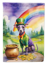 Load image into Gallery viewer, American Hairless Terrier St. Patrick’s Day Garden Flag – Dog with Pot of Gold &amp; Rainbow Yard Decor