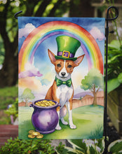Load image into Gallery viewer, Basenji St. Patrick’s Day Garden Flag – Dog with Pot of Gold &amp; Rainbow Yard Decor