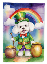 Load image into Gallery viewer, Bichon Frise St. Patrick’s Day Garden Flag – Dog with Pot of Gold &amp; Rainbow Yard Decor