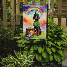 Load image into Gallery viewer, Black and Tan Coonhound St. Patrick’s Day Garden Flag – Dog with Pot of Gold &amp; Rainbow Yard Decor