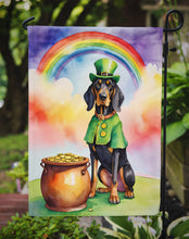 Load image into Gallery viewer, Black and Tan Coonhound St. Patrick’s Day Garden Flag – Dog with Pot of Gold &amp; Rainbow Yard Decor