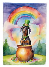Load image into Gallery viewer, Doberman Pinscher St. Patrick’s Day Garden Flag – Dog with Pot of Gold &amp; Rainbow Yard Decor