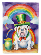 Load image into Gallery viewer, English Bulldog St. Patrick’s Day Garden Flag – Dog with Pot of Gold &amp; Rainbow Yard Decor