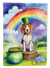 Load image into Gallery viewer, English Foxhound St. Patrick’s Day Garden Flag – Dog with Pot of Gold &amp; Rainbow Yard Decor
