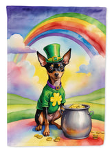 Load image into Gallery viewer, Miniature Pinscher St. Patrick’s Day Garden Flag – Dog with Pot of Gold &amp; Rainbow Yard Decor