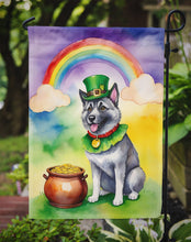 Load image into Gallery viewer, Norwegian Elkhound St. Patrick’s Day Garden Flag – Dog with Pot of Gold &amp; Rainbow Yard Decor