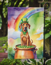 Load image into Gallery viewer, Rhodesian Ridgeback St. Patrick’s Day Garden Flag – Dog with Pot of Gold &amp; Rainbow Yard Decor