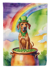 Load image into Gallery viewer, Rhodesian Ridgeback St. Patrick’s Day Garden Flag – Dog with Pot of Gold &amp; Rainbow Yard Decor