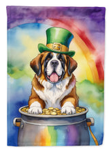 Load image into Gallery viewer, Saint Bernard St. Patrick’s Day Garden Flag – Dog with Pot of Gold &amp; Rainbow Yard Decor
