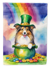 Load image into Gallery viewer, Sheltie St. Patrick’s Day Garden Flag – Dog with Pot of Gold &amp; Rainbow Yard Decor
