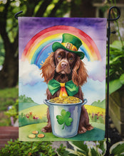 Load image into Gallery viewer, Sussex Spaniel St. Patrick’s Day Garden Flag – Dog with Pot of Gold &amp; Rainbow Yard Decor