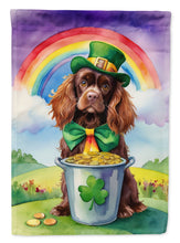 Load image into Gallery viewer, Sussex Spaniel St. Patrick’s Day Garden Flag – Dog with Pot of Gold &amp; Rainbow Yard Decor