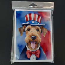 Load image into Gallery viewer, Airedale Terrier Patriotic American Greeting Cards - Blank Note Cards – 8-Pack of Artist-Designed Cards with Envelopes