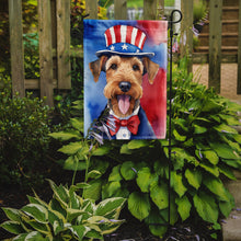 Load image into Gallery viewer, Airedale Terrier Patriotic American Garden Flag – Dog in Uncle Sam Hat | Red, White &amp; Blue Outdoor Decor