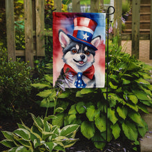 Load image into Gallery viewer, Alaskan Klee Kai Patriotic American Garden Flag – Dog in Uncle Sam Hat | Red, White &amp; Blue Outdoor Decor