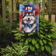 Load image into Gallery viewer, Alaskan Malamute Patriotic American Garden Flag – Dog in Uncle Sam Hat | Red, White &amp; Blue Outdoor Decor