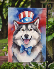 Load image into Gallery viewer, Alaskan Malamute Patriotic American Garden Flag – Dog in Uncle Sam Hat | Red, White &amp; Blue Outdoor Decor