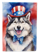 Load image into Gallery viewer, Alaskan Malamute Patriotic American Garden Flag – Dog in Uncle Sam Hat | Red, White &amp; Blue Outdoor Decor