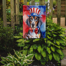 Load image into Gallery viewer, American English Coonhound Patriotic American Garden Flag – Dog in Uncle Sam Hat | Red, White &amp; Blue Outdoor Decor