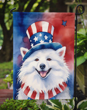 Load image into Gallery viewer, American Eskimo Patriotic American Garden Flag – Dog in Uncle Sam Hat | Red, White &amp; Blue Outdoor Decor