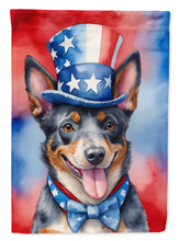 Load image into Gallery viewer, Australian Cattle Dog Patriotic American Garden Flag – Dog in Uncle Sam Hat | Red, White &amp; Blue Outdoor Decor