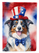 Load image into Gallery viewer, Australian Shepherd Patriotic American Garden Flag – Dog in Uncle Sam Hat | Red, White &amp; Blue Outdoor Decor