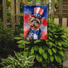 Load image into Gallery viewer, Australian Terrier Patriotic American Garden Flag – Dog in Uncle Sam Hat | Red, White &amp; Blue Outdoor Decor