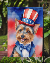 Load image into Gallery viewer, Australian Terrier Patriotic American Garden Flag – Dog in Uncle Sam Hat | Red, White &amp; Blue Outdoor Decor