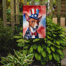 Load image into Gallery viewer, Basenji Patriotic American Garden Flag – Dog in Uncle Sam Hat | Red, White &amp; Blue Outdoor Decor