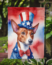 Load image into Gallery viewer, Basenji Patriotic American Garden Flag – Dog in Uncle Sam Hat | Red, White &amp; Blue Outdoor Decor