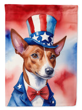 Load image into Gallery viewer, Basenji Patriotic American Garden Flag – Dog in Uncle Sam Hat | Red, White &amp; Blue Outdoor Decor