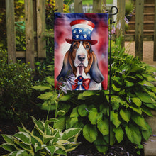 Load image into Gallery viewer, Basset Hound Patriotic American Garden Flag – Dog in Uncle Sam Hat | Red, White &amp; Blue Outdoor Decor