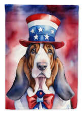 Load image into Gallery viewer, Basset Hound Patriotic American Garden Flag – Dog in Uncle Sam Hat | Red, White &amp; Blue Outdoor Decor
