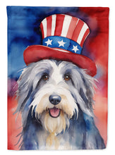 Load image into Gallery viewer, Bearded Collie Patriotic American Garden Flag – Dog in Uncle Sam Hat | Red, White &amp; Blue Outdoor Decor