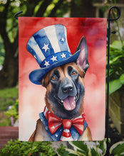 Load image into Gallery viewer, Belgian Malinois Patriotic American Garden Flag – Dog in Uncle Sam Hat | Red, White &amp; Blue Outdoor Decor