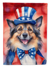 Load image into Gallery viewer, Belgian Tervuren Patriotic American Garden Flag – Dog in Uncle Sam Hat | Red, White &amp; Blue Outdoor Decor