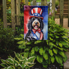 Load image into Gallery viewer, Bernedoodle Patriotic American Garden Flag – Dog in Uncle Sam Hat | Red, White &amp; Blue Outdoor Decor
