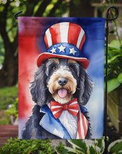 Load image into Gallery viewer, Bernedoodle Patriotic American Garden Flag – Dog in Uncle Sam Hat | Red, White &amp; Blue Outdoor Decor
