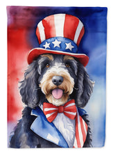 Load image into Gallery viewer, Bernedoodle Patriotic American Garden Flag – Dog in Uncle Sam Hat | Red, White &amp; Blue Outdoor Decor