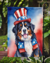 Load image into Gallery viewer, Bernese Mountain Dog Patriotic American Garden Flag – Dog in Uncle Sam Hat | Red, White &amp; Blue Outdoor Decor