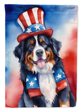 Load image into Gallery viewer, Bernese Mountain Dog Patriotic American Garden Flag – Dog in Uncle Sam Hat | Red, White &amp; Blue Outdoor Decor