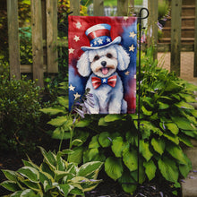 Load image into Gallery viewer, Bichon Frise Patriotic American Garden Flag – Dog in Uncle Sam Hat | Red, White &amp; Blue Outdoor Decor