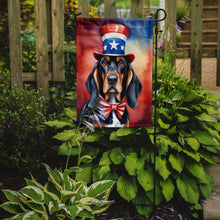 Load image into Gallery viewer, Black and Tan Coonhound Patriotic American Garden Flag – Dog in Uncle Sam Hat | Red, White &amp; Blue Outdoor Decor
