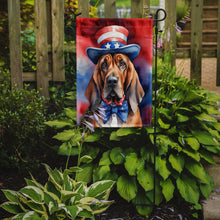 Load image into Gallery viewer, Bloodhound Patriotic American Garden Flag – Dog in Uncle Sam Hat | Red, White &amp; Blue Outdoor Decor