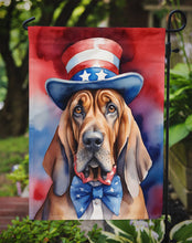 Load image into Gallery viewer, Bloodhound Patriotic American Garden Flag – Dog in Uncle Sam Hat | Red, White &amp; Blue Outdoor Decor