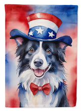 Load image into Gallery viewer, Border Collie Patriotic American Garden Flag – Dog in Uncle Sam Hat | Red, White &amp; Blue Outdoor Decor