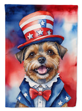 Load image into Gallery viewer, Border Terrier Patriotic American Garden Flag – Dog in Uncle Sam Hat | Red, White &amp; Blue Outdoor Decor